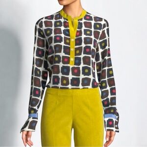 New! PIAZZA SEMPIONE GRAPHIC DOT-PRINT HIGH-LOW SILK HENLEY BLOUSE